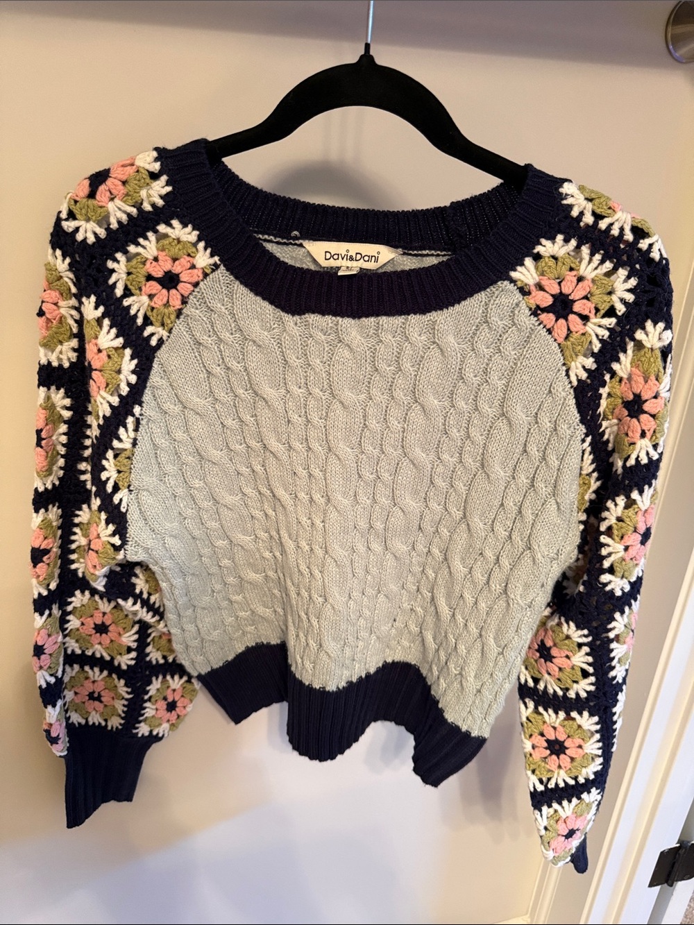 DAVI & DANI Navy and Light Blue Crochet Floral Sleeve Cable Knit Sweater - Picture 2 of 16